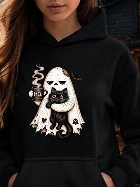 Grumpy Ghost With Coffee & Black Cat HOODIE Graphic Sweatshirt Halloween Meh